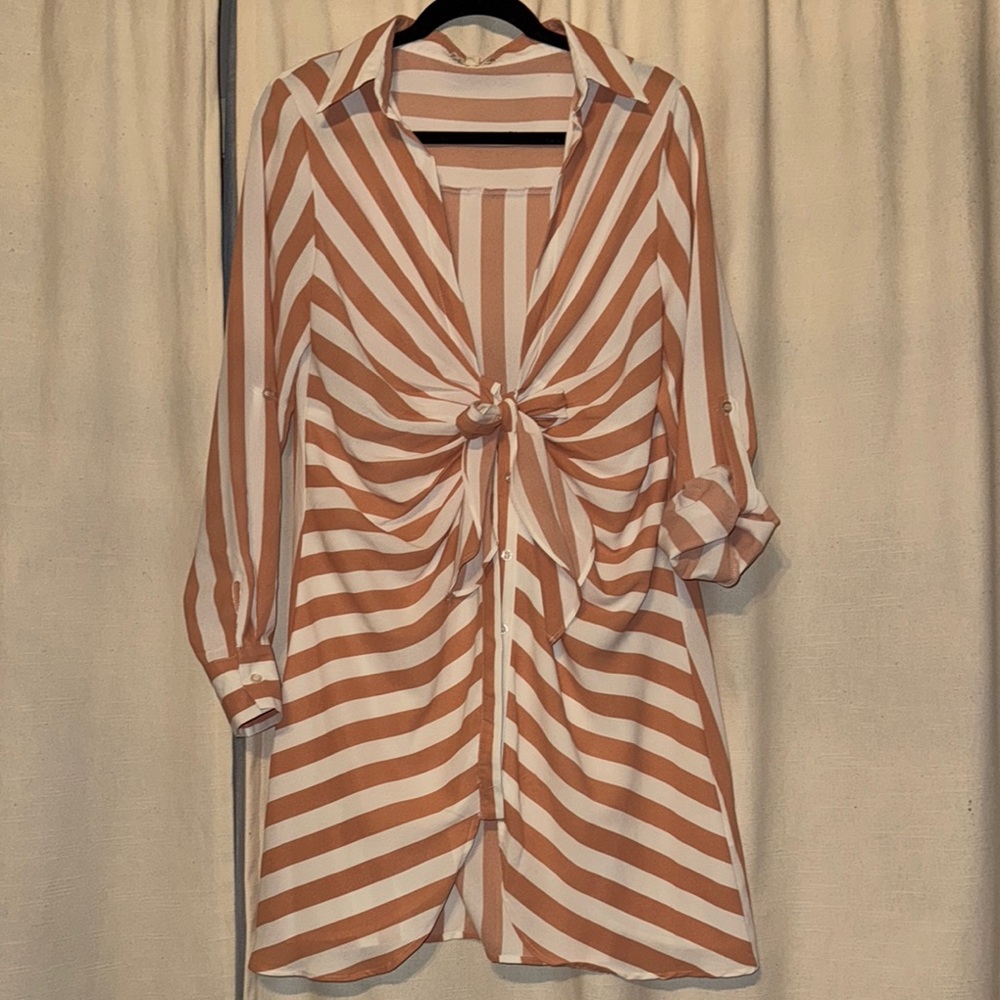 Worn Once! Pink and White Striped Button-Up Dress Shirt